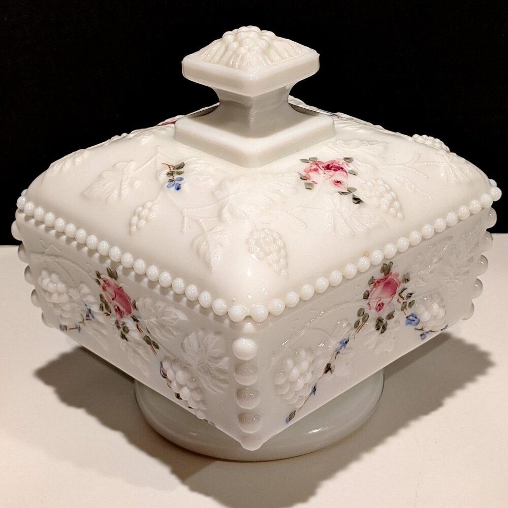 Westmoreland “Beaded Grape” Hand Painted Milk Glass Trinket Box